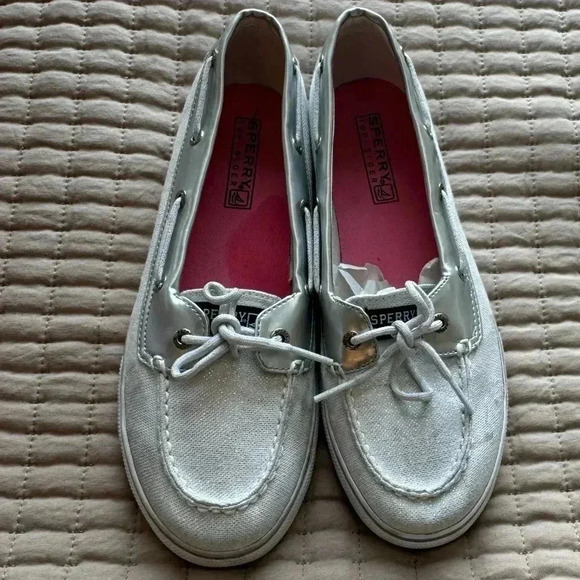 Sperry Top Biscayne Sider Bahama Women White Shimmer Boat Shoe SZ 5.5 - Picture 2 of 9